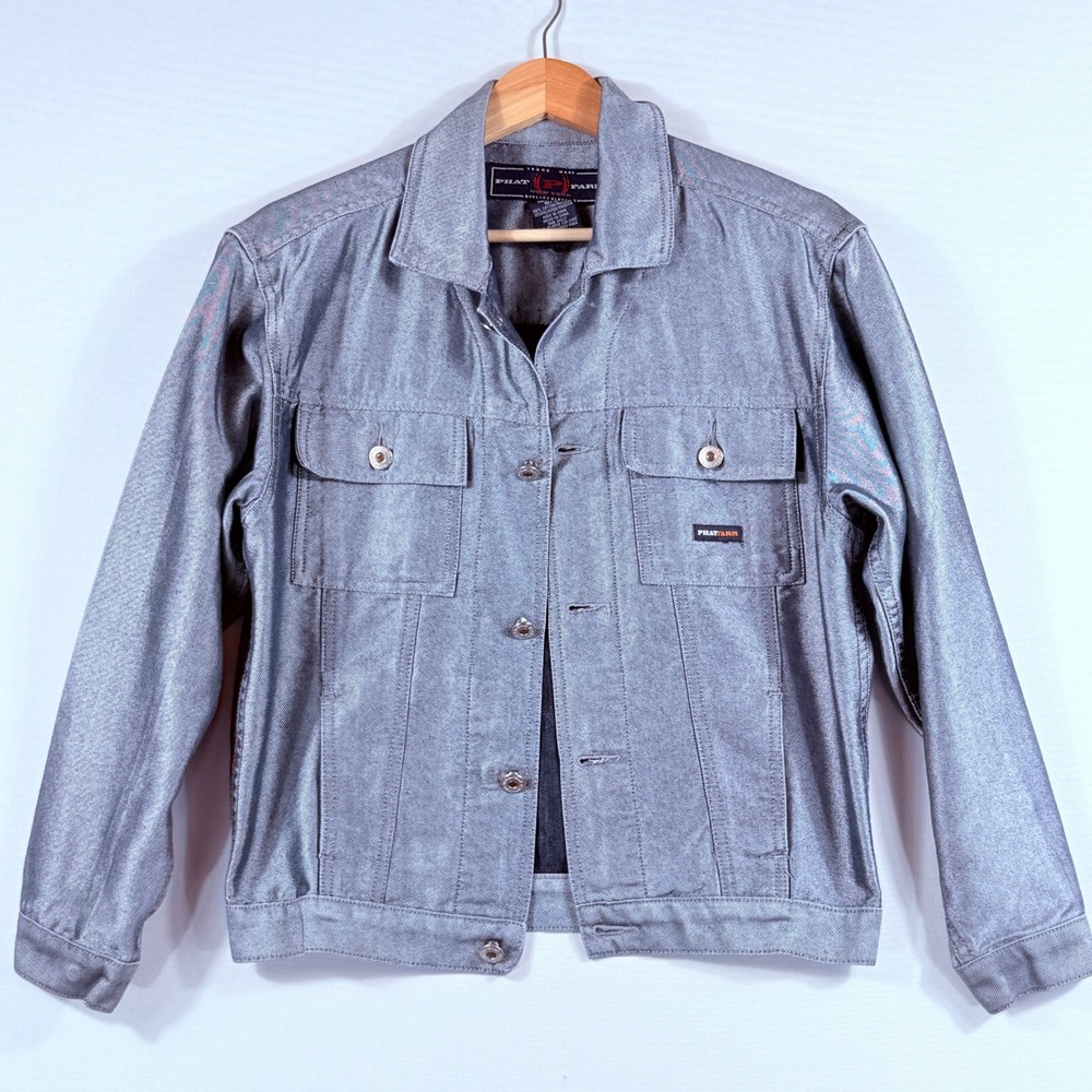 Vintage Phat Farm Denim Jacket Womens Medium Silver Metallic Y2K Cybercore Rave
